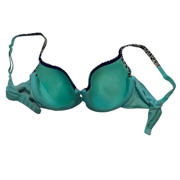 Victorias Secret Lined Demi Bra 32D Aqua Leopard Trim Adjustable Straps Women - Picture 2 of 4